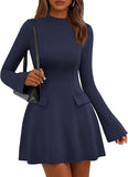 Women's Fall Mini Dress  Long Bell Sleeve Mock Neck Bodycon Elegant Work Wedding Guest Party Short Dresses