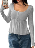 Babydoll Tops Long Sleeve Henley Shirts Cute Square Neck Coquette Peplum Top