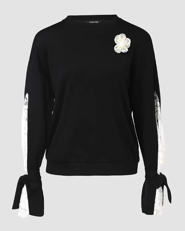 Colorblock Floral Pattern Lace Patch Sweatshirt