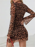 Women's Leopard Print Mini Dress  Bell Long Sleeve Cheetah Short Dresses Going Out Fall