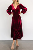 V-Neck Long Sleeve Midi Velvet Dress