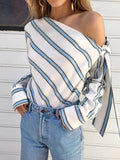 Striped Bow Knot One Shoulder Long Sleeve Blouse