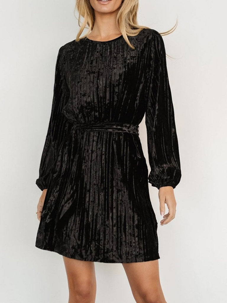 Velvet Round Neck Tie Waist Long Sleeve Mini Dress Divahotcouture Velvet Round Neck Tie Waist Long Sleeve Mini Dress Divahotcouture