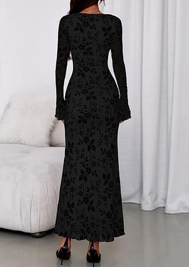 Women's Floral Bodycon Maxi Dress 2026 Spring Elegant Mesh Long Sleeve Formal Wedding Guest Cocktail Dresses