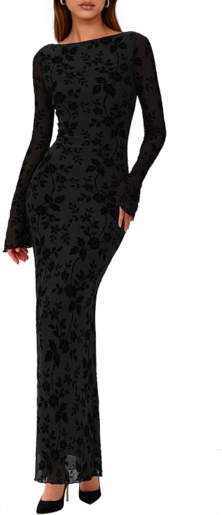 Women's Floral Bodycon Maxi Dress 2026 Spring Elegant Mesh Long Sleeve Formal Wedding Guest Cocktail Dresses