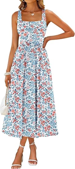 Midi Dresses for Women 2026 Spring Square Neck Tank Sleeveless A Line Casual Summer Sundresses with Pockets