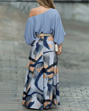 Pieces Outfit Skew Neck Batwing Sleeve Stretchy Hem Top and Casual Watercolor Ink Splash Print Zipper Fly Elastic Back Waist Wide Leg Pants Set without Belt