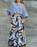 Pieces Outfit Skew Neck Batwing Sleeve Stretchy Hem Top and Casual Watercolor Ink Splash Print Zipper Fly Elastic Back Waist Wide Leg Pants Set without Belt