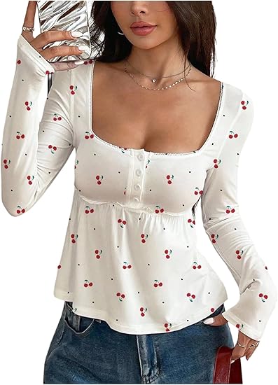Babydoll Tops Long Sleeve Henley Shirts Cute Square Neck Coquette Peplum Top