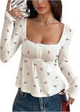 Babydoll Tops Long Sleeve Henley Shirts Cute Square Neck Coquette Peplum Top