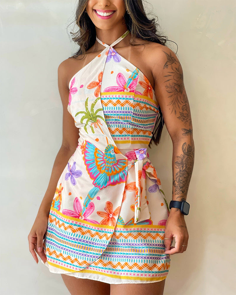 Tropical Print Halter Tie Backless Tie Back Romper Casual Elastic Back Waist Wrap Front Tie Side Skorts Romper