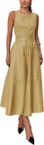 Women PU Faux Leather Sleeveless Elegant Flowy Long Dress Party Night Out Dress with Belt