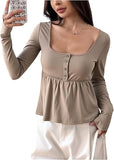 Babydoll Tops Long Sleeve Henley Shirts Cute Square Neck Coquette Peplum Top