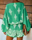 Women's Vintage Print Two-Piece Set Off-Shoulder Batwing Sleeve Top and High-Waisted Shorts Casual Vacation Set