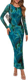 Women's Bodycon Maxi Dress Fall Fashion Long Sleeve Floral Print Tight Fitted Party Club Ruched Dresses