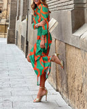 Abstract Print Turn-down Collar Tied Detail Ruched Dress Casual Wrap Front Vacation Dress(Shipping 7-15 Days)