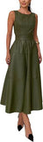 Women PU Faux Leather Sleeveless Elegant Flowy Long Dress Party Night Out Dress with Belt