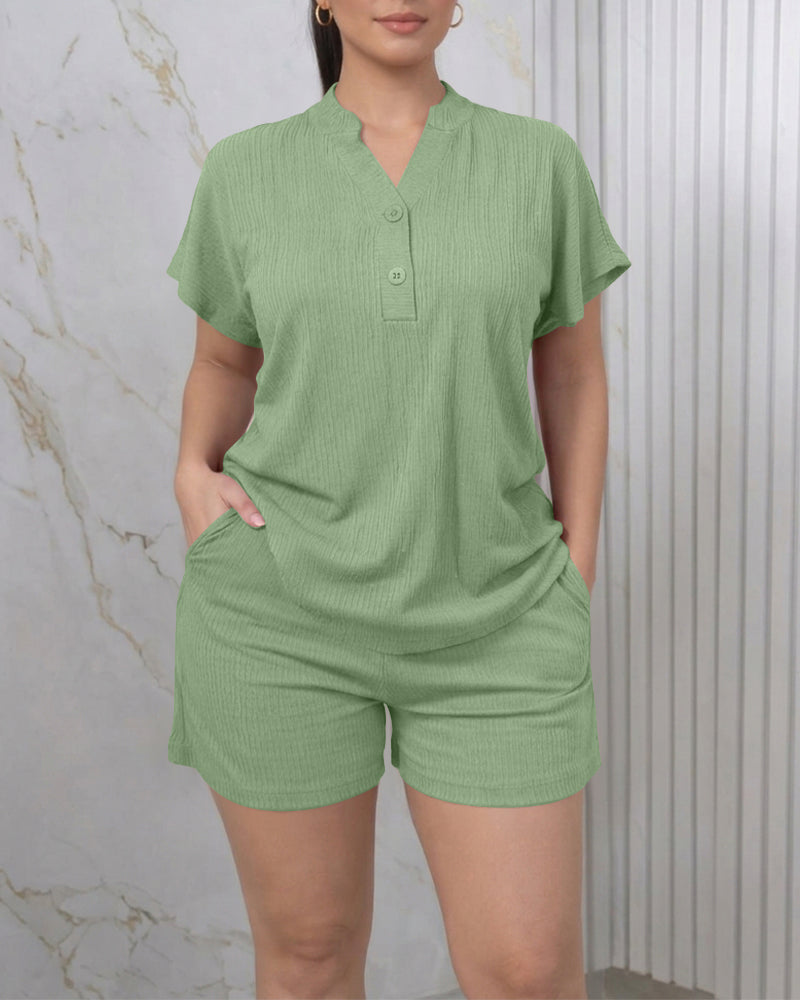 Women's Two Piece Ribbed Lounge Set Short Sleeve Notch Neck Top and Shorts Set with Pockets