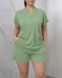 Women's Two Piece Ribbed Lounge Set Short Sleeve Notch Neck Top and Shorts Set with Pockets