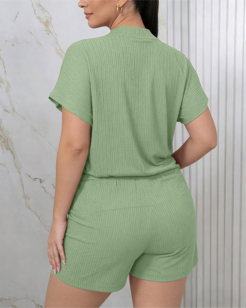 Women's Two Piece Ribbed Lounge Set Short Sleeve Notch Neck Top and Shorts Set with Pockets