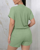 Women's Two Piece Ribbed Lounge Set Short Sleeve Notch Neck Top and Shorts Set with Pockets