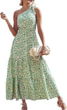 Women's Summer Floral One Shoulder Maxi Dress Knot Ruffle Boho Beach Vacation Wedding Guest Long Sun Dresses