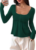 Babydoll Tops Long Sleeve Henley Shirts Cute Square Neck Coquette Peplum Top