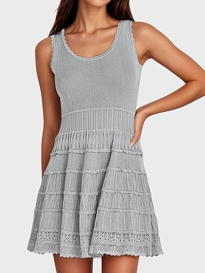 Womens Summer Mini Dresses Casual Crewneck Knitted Crochet Hem Flowy T – Divahotcouture Womens Summer Mini Dresses Casual Crewneck Knitted Crochet Hem Flowy T – Divahotcouture