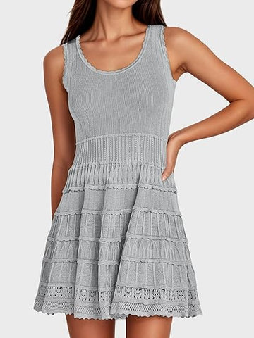 Womens Summer Mini Dresses Casual Crewneck Knitted Crochet Hem Flowy Tank Sundress