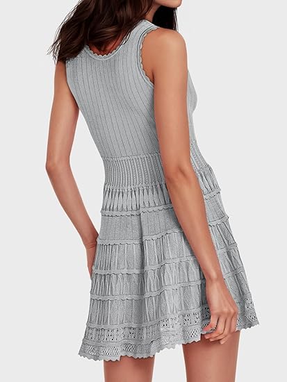 Womens Summer Mini Dresses Casual Crewneck Knitted Crochet Hem Flowy Tank Sundress