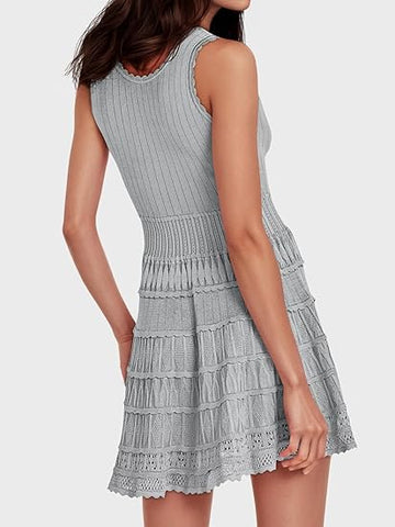Womens Summer Mini Dresses Casual Crewneck Knitted Crochet Hem Flowy Tank Sundress