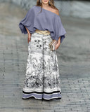 Pieces Outfit Skew Neck Batwing Sleeve Stretchy Hem Top and Casual Watercolor Ink Splash Print Zipper Fly Elastic Back Waist Wide Leg Pants Set without Belt