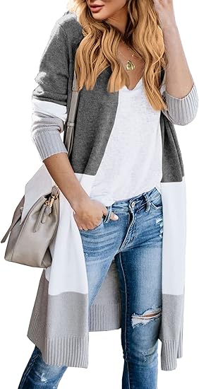 Womens Boho Open Front Cardigan Colorblock Long Sleeve Loose Knit Lightweight Sweaters