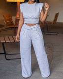 2 Pieces Outfit O-neck Sleeveless Cinched Waist Crop Top and Criss Cross Front Elastic Back Waist Wide Leg Pants Set Casual Sweatpants Set