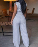 2 Pieces Outfit O-neck Sleeveless Cinched Waist Crop Top and Criss Cross Front Elastic Back Waist Wide Leg Pants Set Casual Sweatpants Set