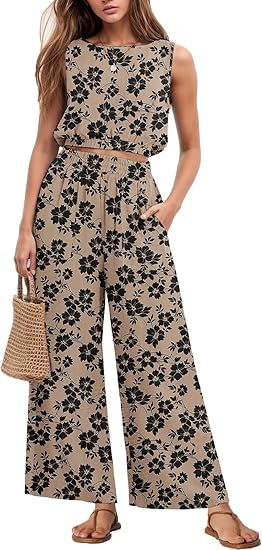 Two Piece Sets for Women Sleeveless Crop Top Wide Leg Pants Sweat Set