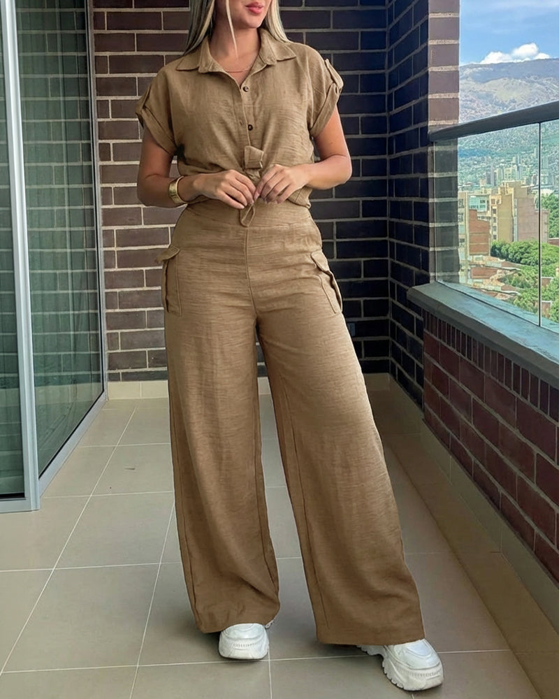 Women's 2 Piece Set Roll Up Sleeve Button Down Shirt and High Waist Wide Leg Pants