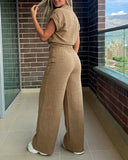 Women's 2 Piece Set Roll Up Sleeve Button Down Shirt and High Waist Wide Leg Pants