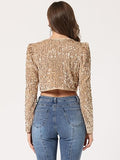 Women's Sequin Shrug Open Front Collarless Glitter Sparkly Crop Blazer Jacket(up to 3XL)