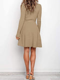 Women's Long Sleeve Midi Dress Crewneck Tie Waist A-Line Swing Casual Bodycon Ribbed Knit  Fall Sweater Dress