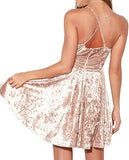 Women's Crushed Velvet Spaghetti Straps Sexy V Neck Club Party Pleated Swing Skater Dress