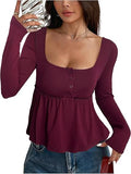 Babydoll Tops Long Sleeve Henley Shirts Cute Square Neck Coquette Peplum Top