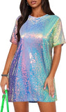 Women's Crew Neck Sequin Dress for Women Sexy V Neck Shirt Dresses Sparkly Shift Mini Dress