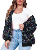 Womens Sequin Jacket Plus Size Sparkle Long Sleeve Jackets Front Zip Loose Casual Blazer Bomber Jacket with Pockets