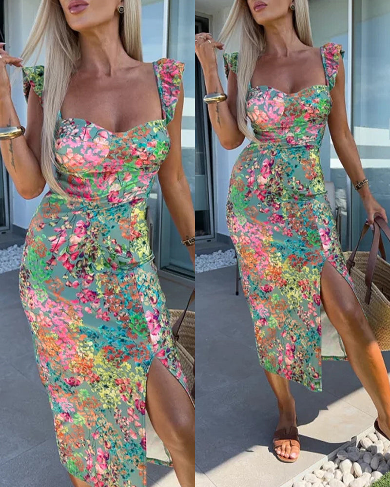 Women's Floral Sweetheart Neck Mid-length Dress Flutter Sleeve High Slit Bodycon Summer Vacation Dress(7-15 working Days )
