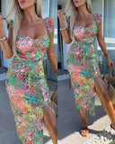 Women's Floral Sweetheart Neck Mid-length Dress Flutter Sleeve High Slit Bodycon Summer Vacation Dress(7-15 working Days )