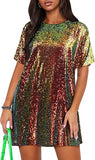 Women's Crew Neck Sequin Dress for Women Sexy V Neck Shirt Dresses Sparkly Shift Mini Dress