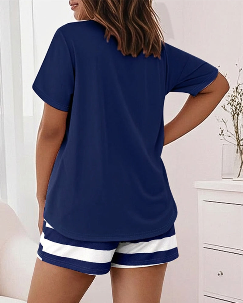 2 Pieces Outfit Letter Print Short Sleeve Top and Elastic Waist Shorts Set Casual Tie Dye Print Pajamas Set with Pockets