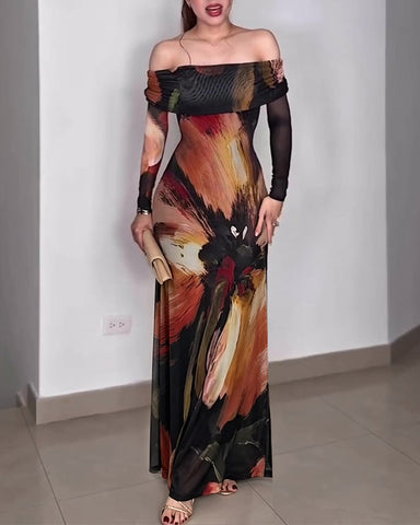 Women's Oil Painting Print Foldover Off-Shoulder Mesh Overlay Maxi Dress Long Sleeve Ruched Mermaid Long Dress(15-20 Days)