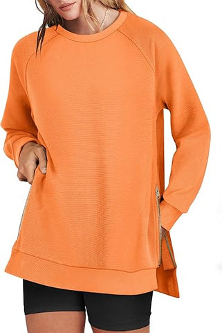 Women's Oversized Sweatshirts Crewneck Long Sleeve Tunic Pullover Shirts Side Zipper Hoodies 2025 Fall Clothes